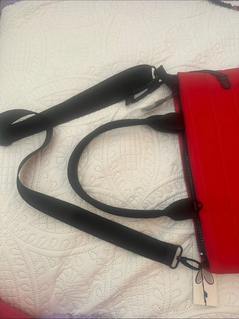 Ihkwip Shawn Killinger  Red Tote Bag with Black Handles and crossbody strap